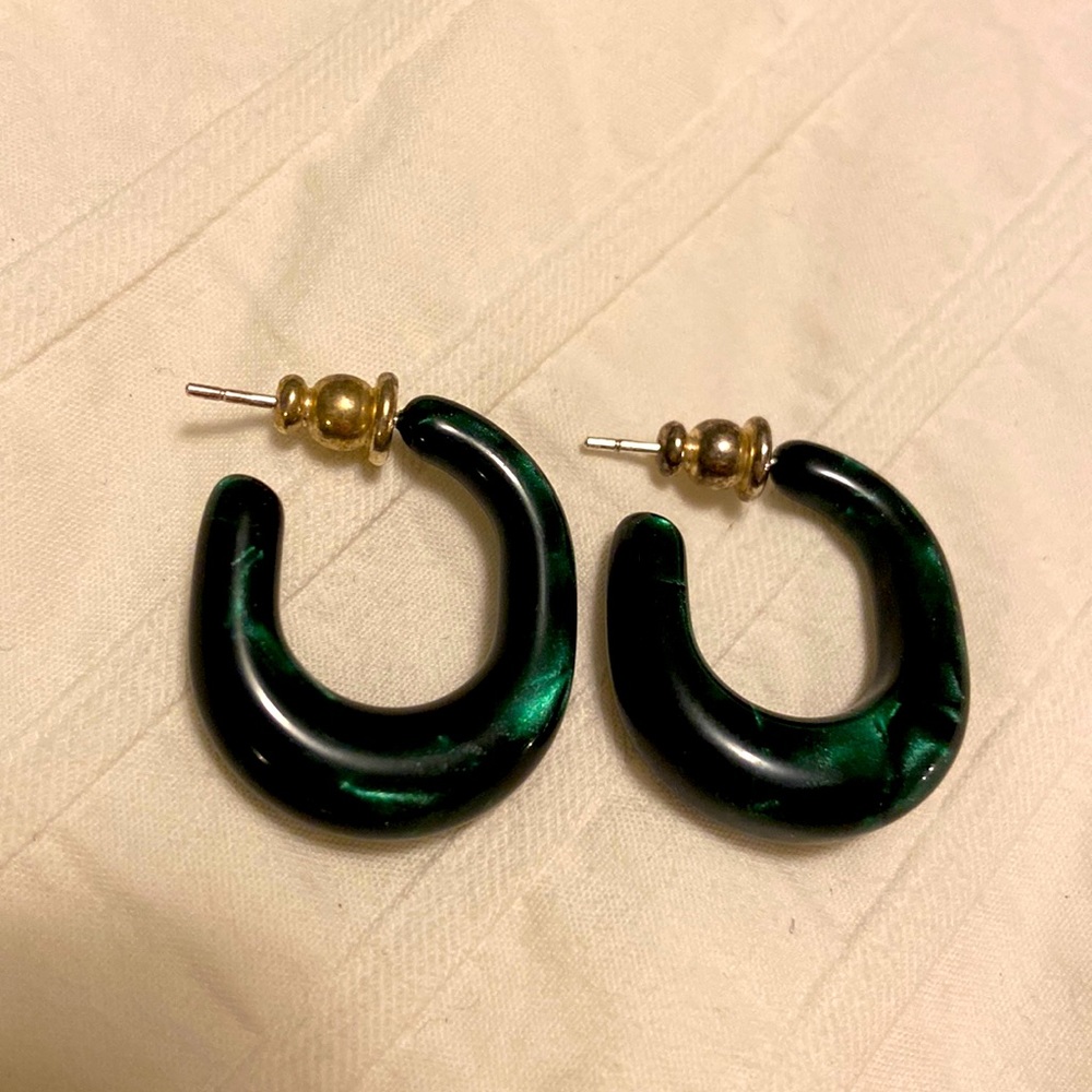 Forest green shiny small hoops, silver backing